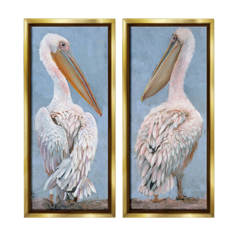 «Classic Pelicans Gazing» par Steller Design Studio 2 - Pièces sur, Cadre flottant métallique doré, H 31 po x l 14 po