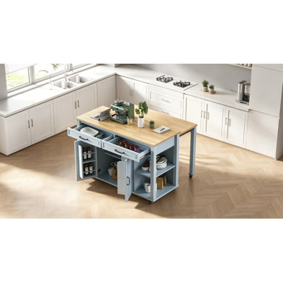 Îlot de cuisine extensible avec table de salle à manger, rangement interne et prise de courant pour une utilisation polyvalente et une utilisation efficace de l'espace