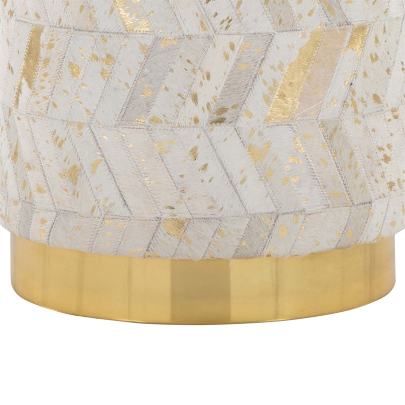Stylish Leather Ottoman With Gold Metal Base And Splatter Accents For Glam Interior Design