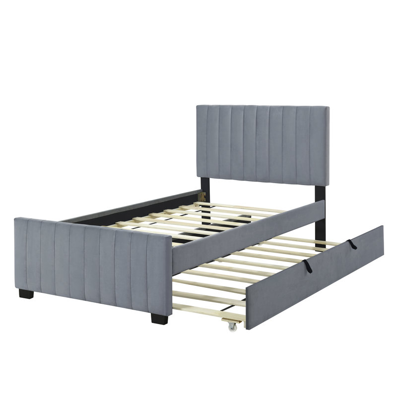 Lit plateforme tapissier en velours avec lit gigogne, Lit simple, Gris