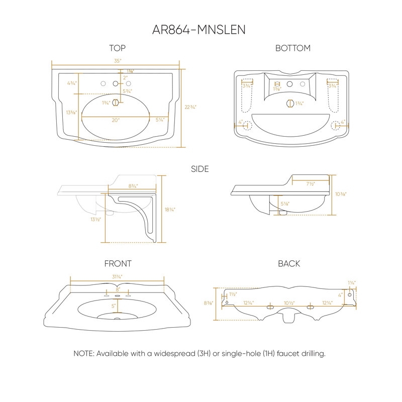 Grand lavabo mural traditionnel 35 "avec support ovale intégré et supports en céramique Whitehaus, Trou simple