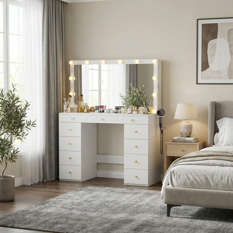 47.2" Makeup Vanity with Sliding Shelves, Light Up Mirror, USB & Power Outlet and 11 Drawers, White, White