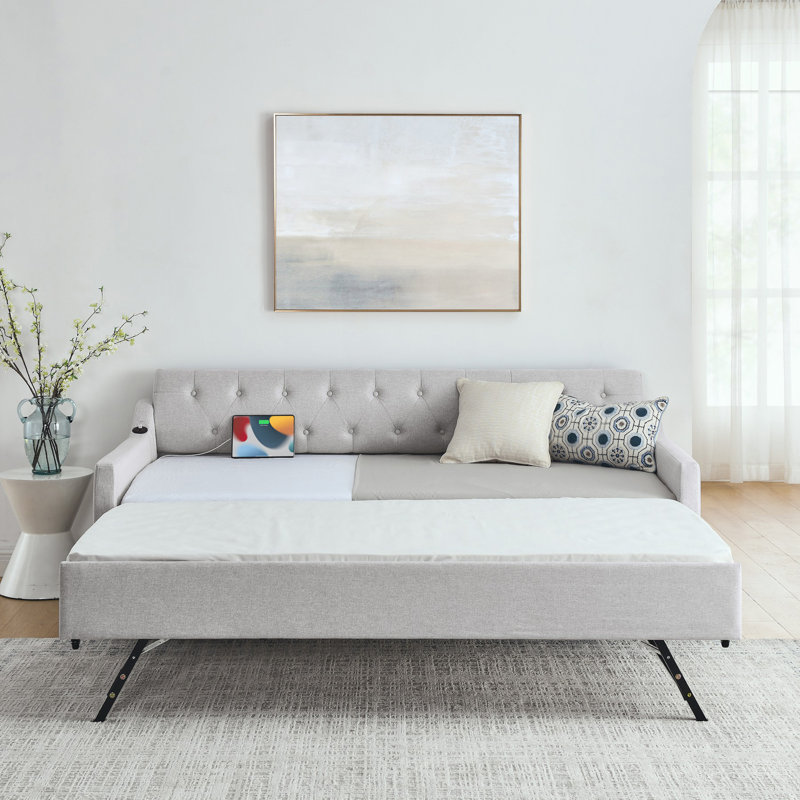 Twin Size Upholstery Daybed With Twin Size Erectable Trundle And Usb Charging Design, Day Bed, Beige
