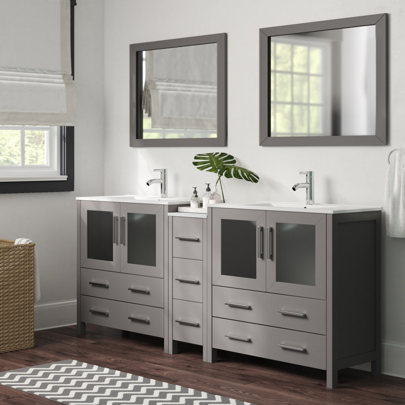 Brescia 84" Double Sink Freestanding Bathroom Vanity with Ceramic Top and Matching Mirrors, Gray