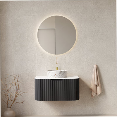 Meuble-lavabo de salle de bain 30 po avec lavabo, meuble de rangement mural à bordures courbes et flottantes avec tiroir, lavabo rond en céramique blanc avec motif de pierre, pré-assemblé, couleur noire
