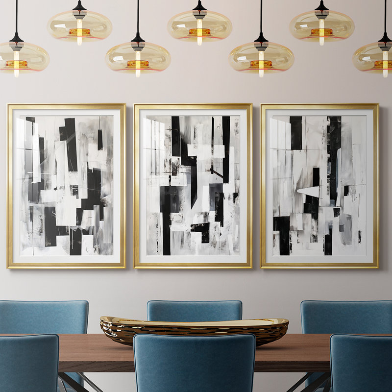 ABSTRACT Series XL - Impression encadrée de qualité supérieure sur mesure mat - 3 pièces, H 30 po x l 63 po, Doré