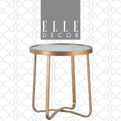 Table d'appoint ronde d'extérieur Elle Decor Mirabelle, 56 cm (H) x 51 cm (P), plateau en verre trempé, style moderne pour patio, avec structure en métal incurvée.
