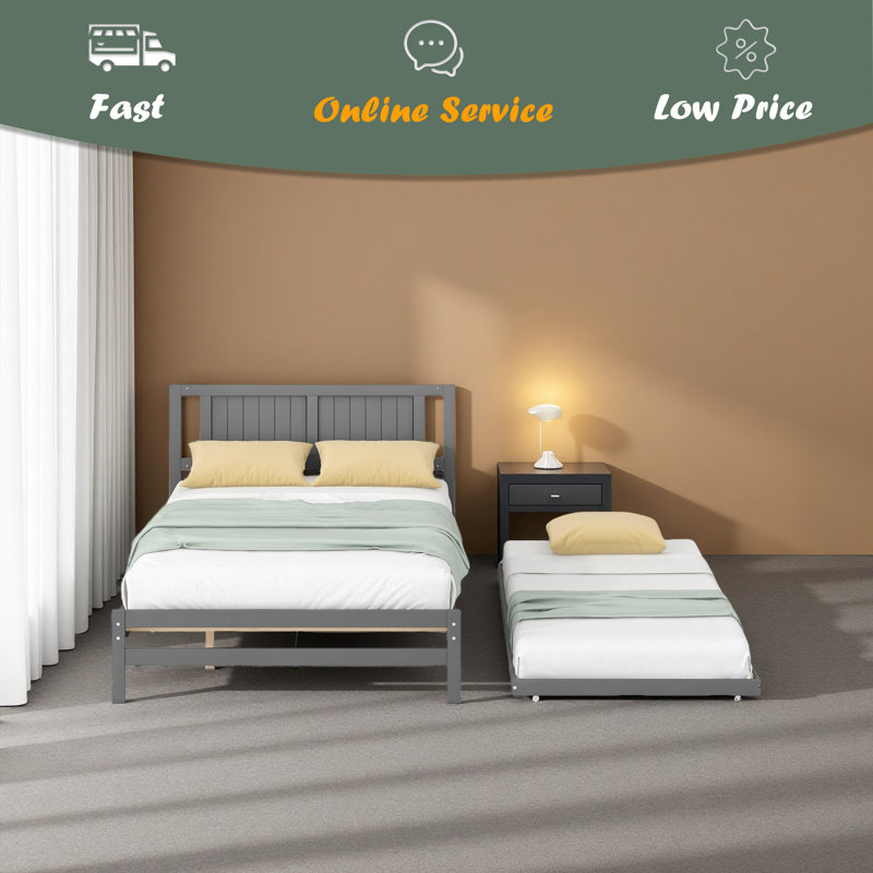 Full Platform Bed With Adjustable Trundle, Gray