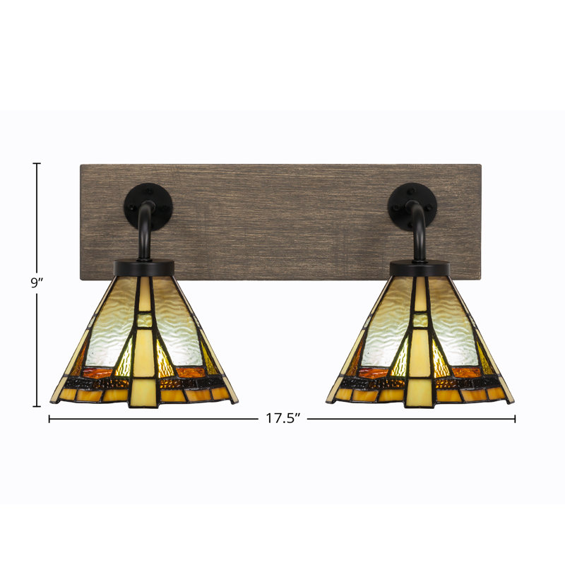 Barre d'éclairage de salle de bain 2 lumières Oxbridge au fini métal avec verre Zion 7 po, Noir mat / bois vieilli