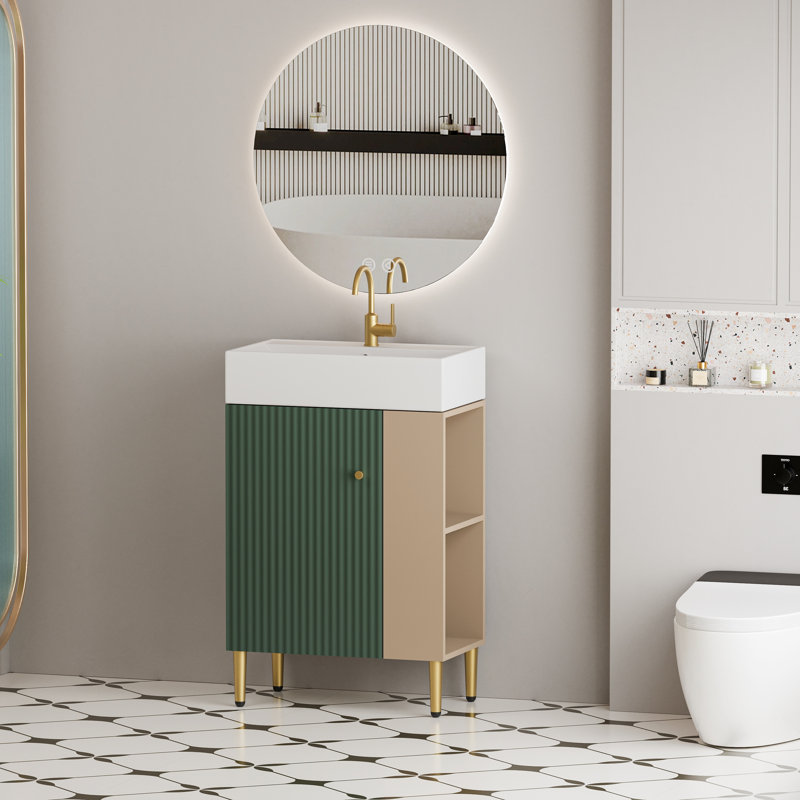Meuble-lavabo à tablettes ouvertes 21,6 po avec lavabo en céramique et porte à fermeture douce, Blanc / vert / crème
