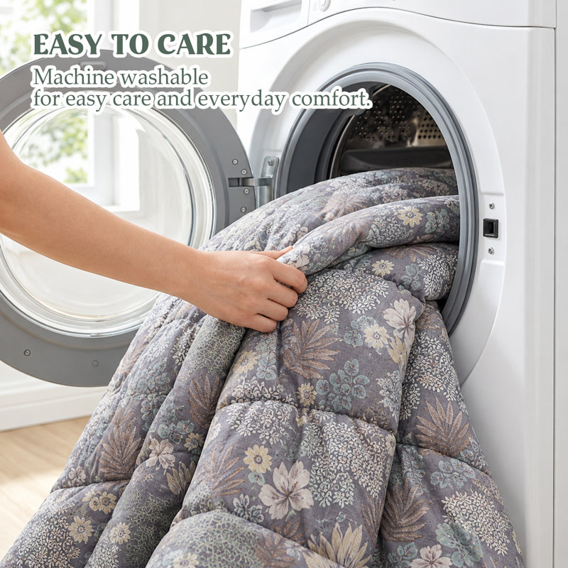 Édredon en duvet d'oie toutes saisons Iftekar, Motif floraux gris, Double/Grand