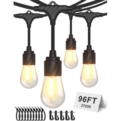 96FT Outdoor String Lights Waterproof LED Patio Hanging Lights For Outside