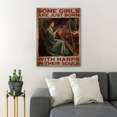 Belle fille jouant de la harpe - Certaines filles sont juste nées avec des harpes dans leurs âmes, toile tendue avec châssis - Illustration musicale, décor de salon vert