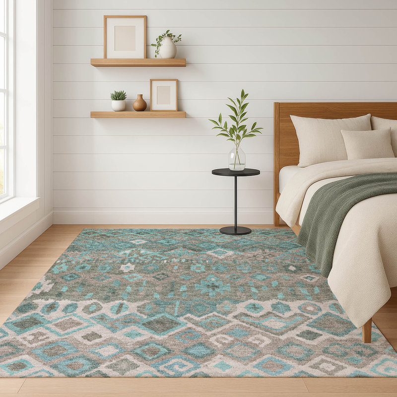 Premium Machine Washable Mayfield AMF2304 Casual Rug, Teal, 9' x 12'