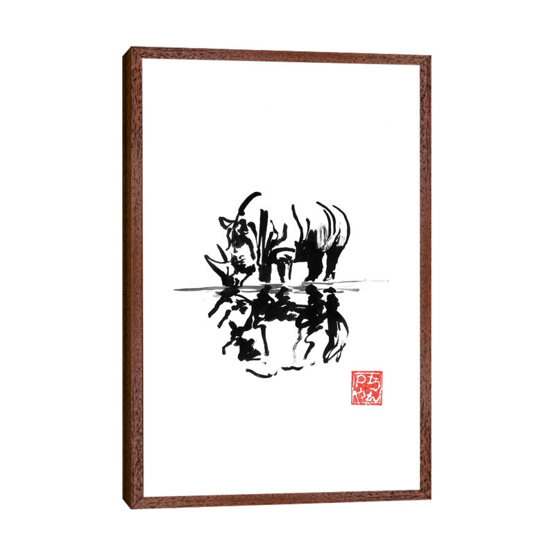 Rhinoceros by Péchane - Painting on Canvas, Classic Brown Wood Framed, 101.6 cm H x 66.04 cm W