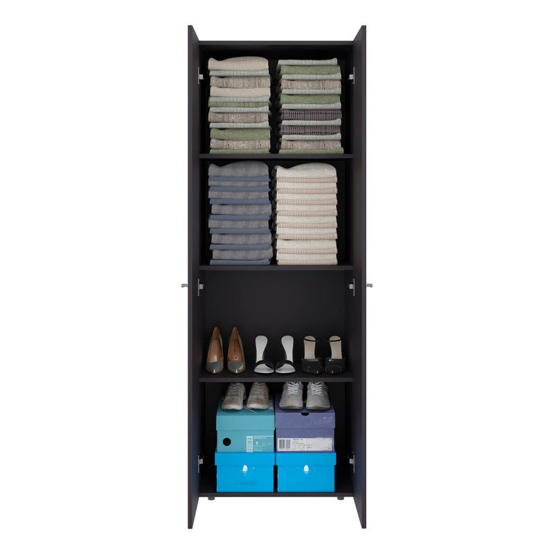 Système de garde-robe autoportant noir à 2 portes avec quatre tablettes fixes pour la salle de lavage de la chambre à coucher