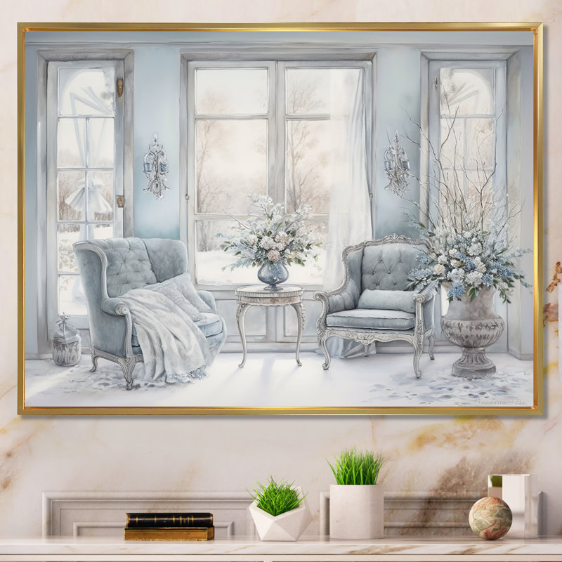 Fenêtres «Winter», impression sur toile scandinave, H 16 po x l 32 po, Encadrement doré