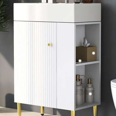 Bathroom Vanity With Ceramic Vessel Single Sink Solid Wood White Bathroom Storge Cabinet, Left Or Right Side Storge -  TOLOYE, YSYJ-BRBR-Y53