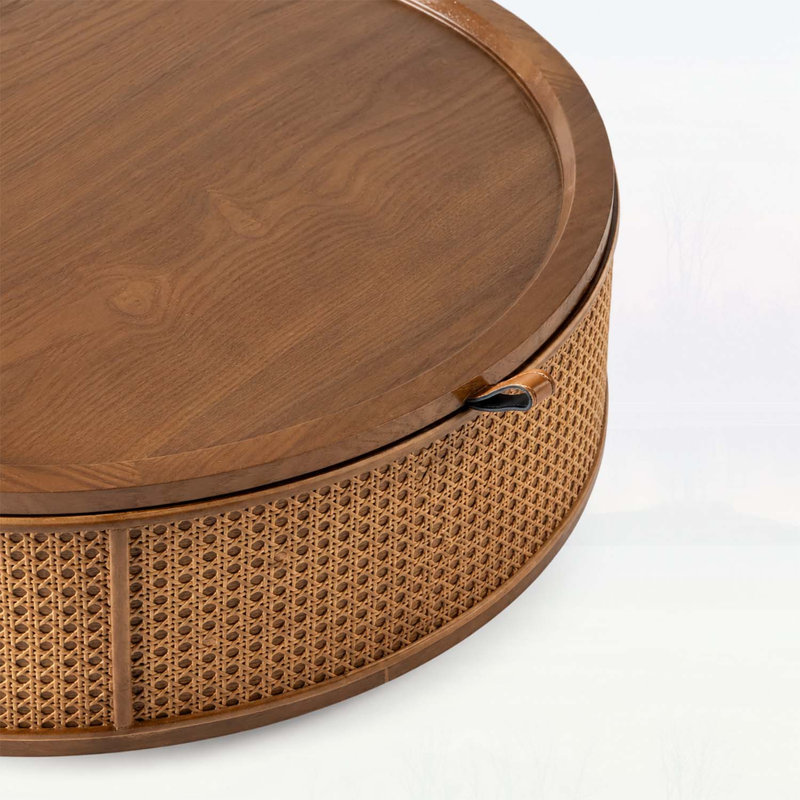 Table basse ronde en noyer brun avec couvercle amovible, conception de tambour en osier de rotin pour les salons Boho Farmhouse