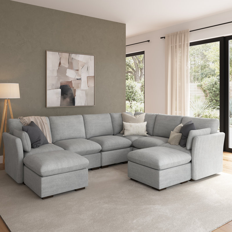 Stedman Modular 5-Seater Sectional With Set Of 2 Storage Ottomans, Living Room Furniture, Dove Gray Polyester
