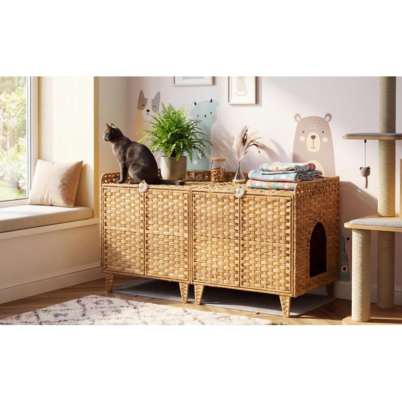 Enceinte de litière double en rotin pour chat - Mobilier de chat spacieux caché pour plusieurs chats - Conception tissée à la main avec portes avec crochets en S et ventilation - Grande armoire de toilette pour chat, couleur naturelle