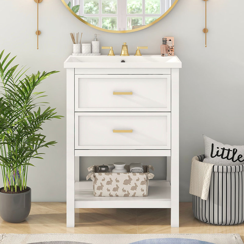 Meuble-lavabo de salle de bain moderne avec lavabo supérieur et 2 tiroirs, Blanc