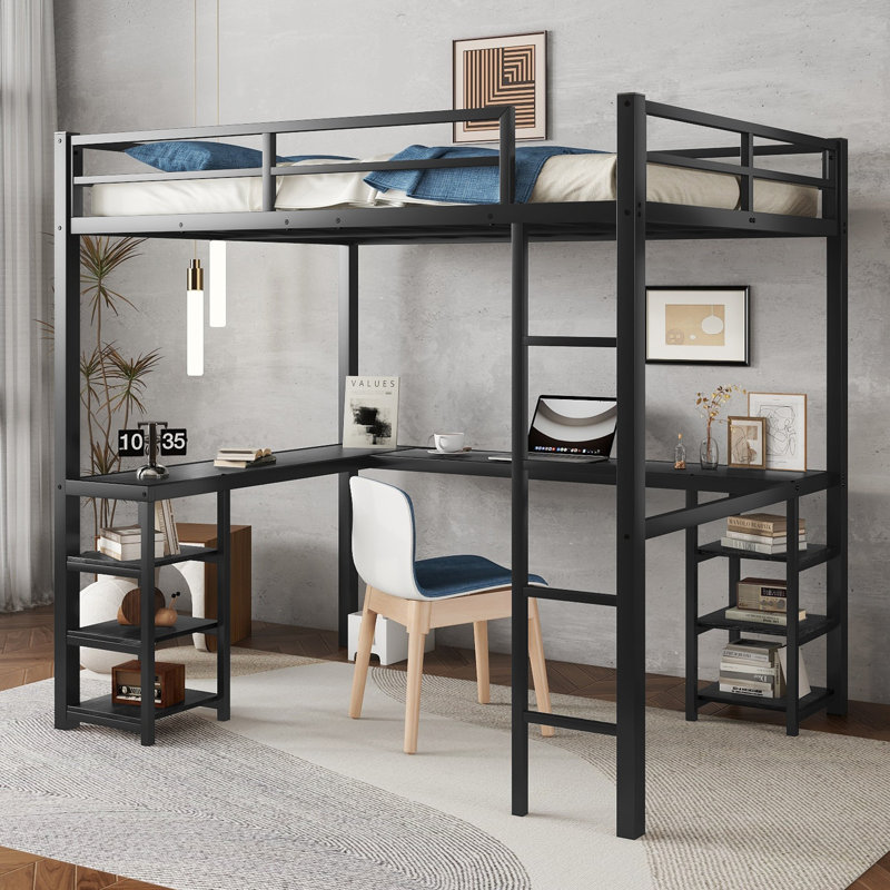 Twin XL Metal Loft Bed with L-Shaped Desk, Shelves & Guardrails, Space-Saving Frame with Ladder for Bedroom, Black, Twin XL