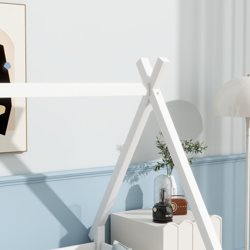 Lit simple pour lit tipi avec garde-corps, bois d'hévéa, blanc, design sécuritaire et élégant