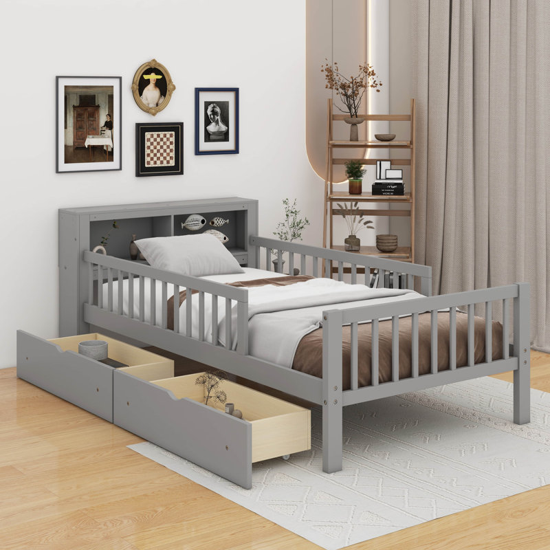 Lit simple avec support de tête de lit, deux tiroirs sous le lit et sécurité, Gris