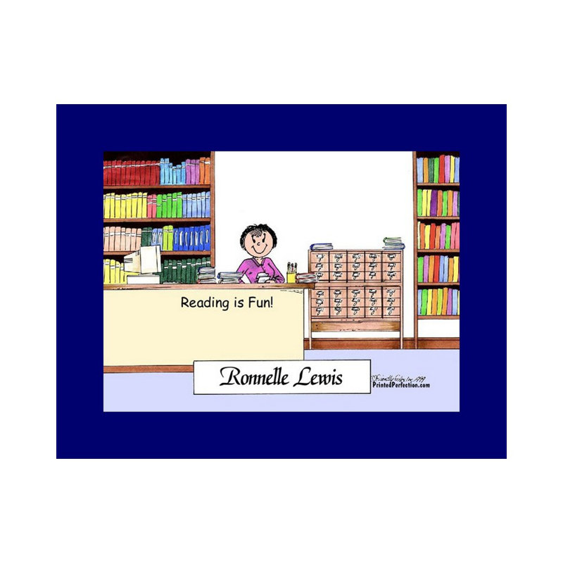 Personalized Librarian - Female Cartoon Caricature with a Mat, Ready to Frame, Yes
