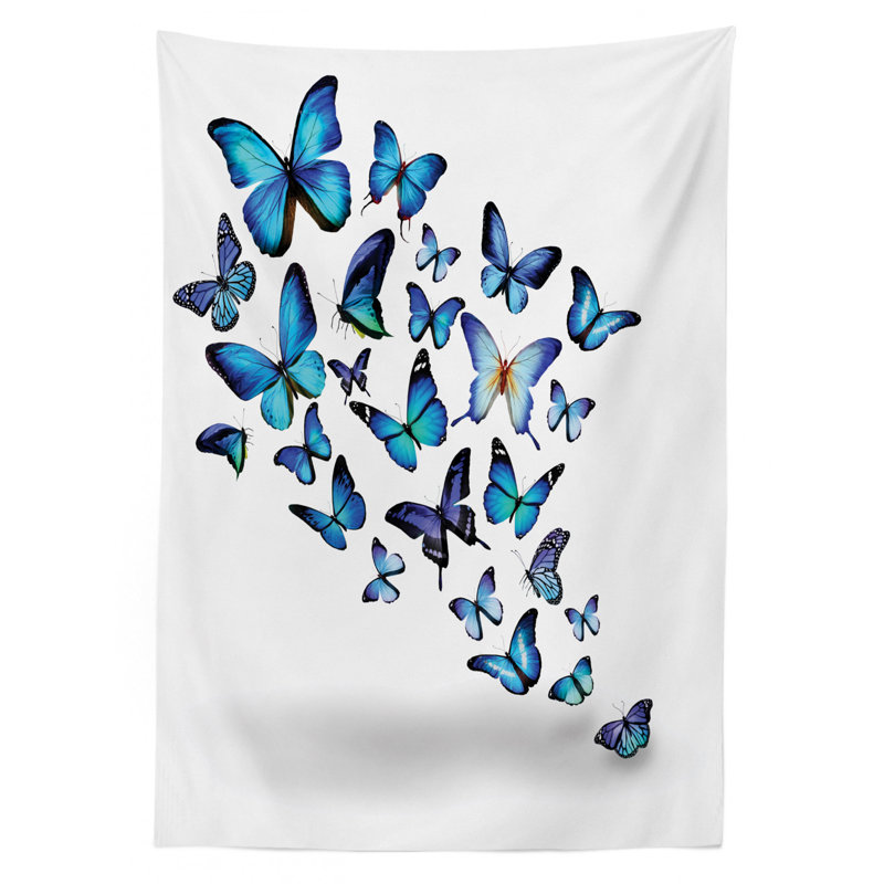 Butterflies Tablecloth, Group Of Flying Butterflies Natural Botanic Parks Springtime, Rectangular Table Cover For Dining Room Kitchen Decor, 52" X 70", Blue Sky Blue Black