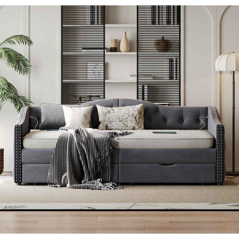 Lit de jour rembourré avec tiroirs de rangement, lit de jour simple en bois, sans sommier tapissier, gris, Gris