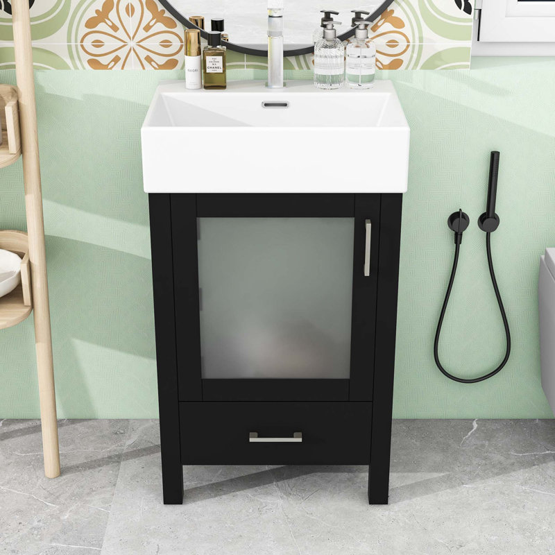 Meuble-lavabo simple moderne avec un lavabo en céramique, une porte en verre givré et beaucoup de rangement, Noir