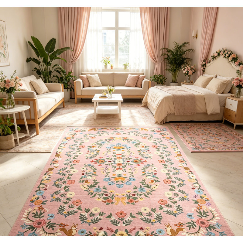 Tapis rétro taupe lavable pour l'intérieur, Pink, Rectangle 6' x 9'