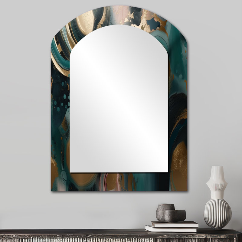 Or et vert marbré Euphoria I - miroir unique arche de marbre, grand miroir mural asymétrique doré, impression d'art en métal
