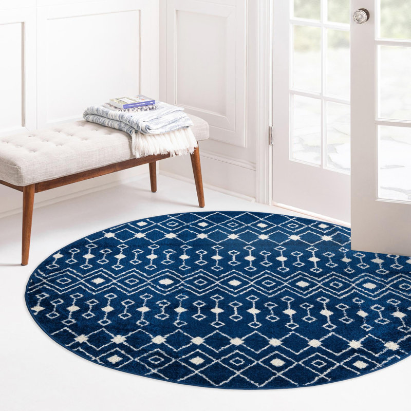 Tapis bleu / blanc en chenille / polyester tissé à la machine Briehn, Rond 6 pi