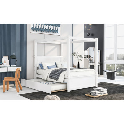 Lit à baldaquin moderne avec lit gigogne, lattes de soutien améliorant la qualité du sommeil, pleine grandeur, blanc brossé