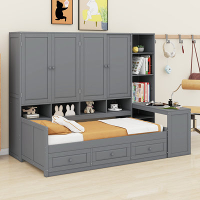 Wooden Daybed With Three Drawers, And All-In-One Cabinet, Desk And Shelves