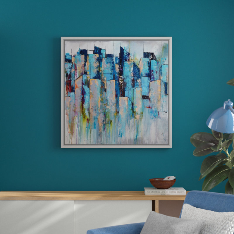 « centre-de-mémoire », peinture sur toile, H 37,7 po x l 37,7 po x p 1,75 po, Cadre flottant blanc