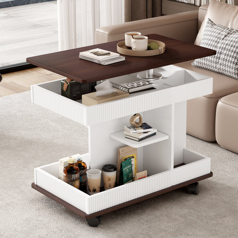 Table de bout réglable avec roulettes, plateau tournant à 360 °, espace de rangement, texture grain de bois et motif à rayures verticales
