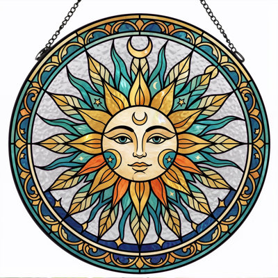Sun Face Stained Glass Window Panel，7.8H