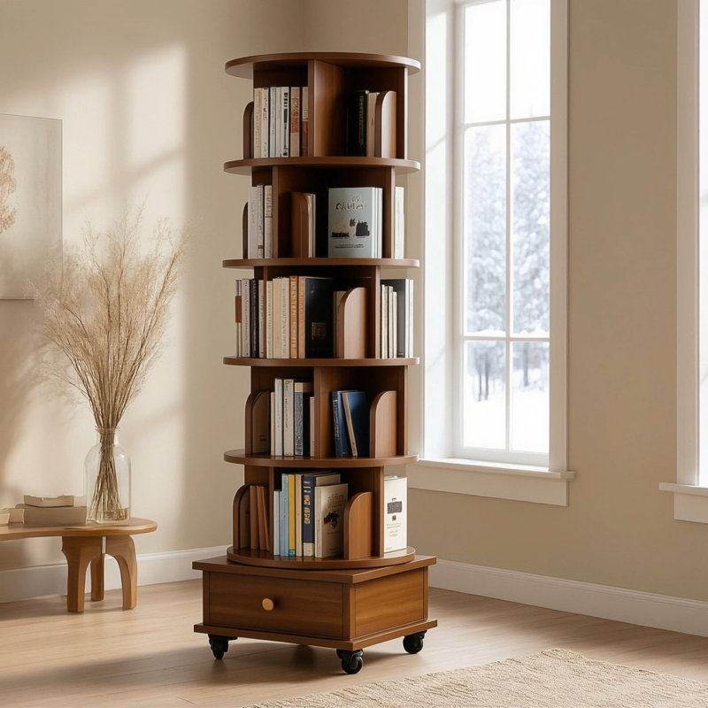 (UPGRADED) Bibliothèque tournante, bibliothèque d'angle à 360 degrés pour les petits espaces, étagère de rangement à 6 niveaux avec roulettes, rangement étroit en bois pour chambre à coucher, salon, salle d'étude, brun noyer, tablettes