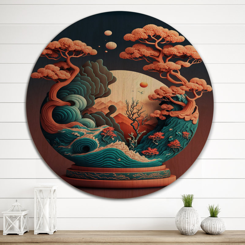 Terra Cotta Bonzai Mountains III - Art abstrait en bois paysage mural - Bois de pin naturel, H 23 po x l 23 po x P 1 po