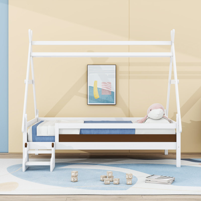 House Platform Bed With Stairs, Twin, White