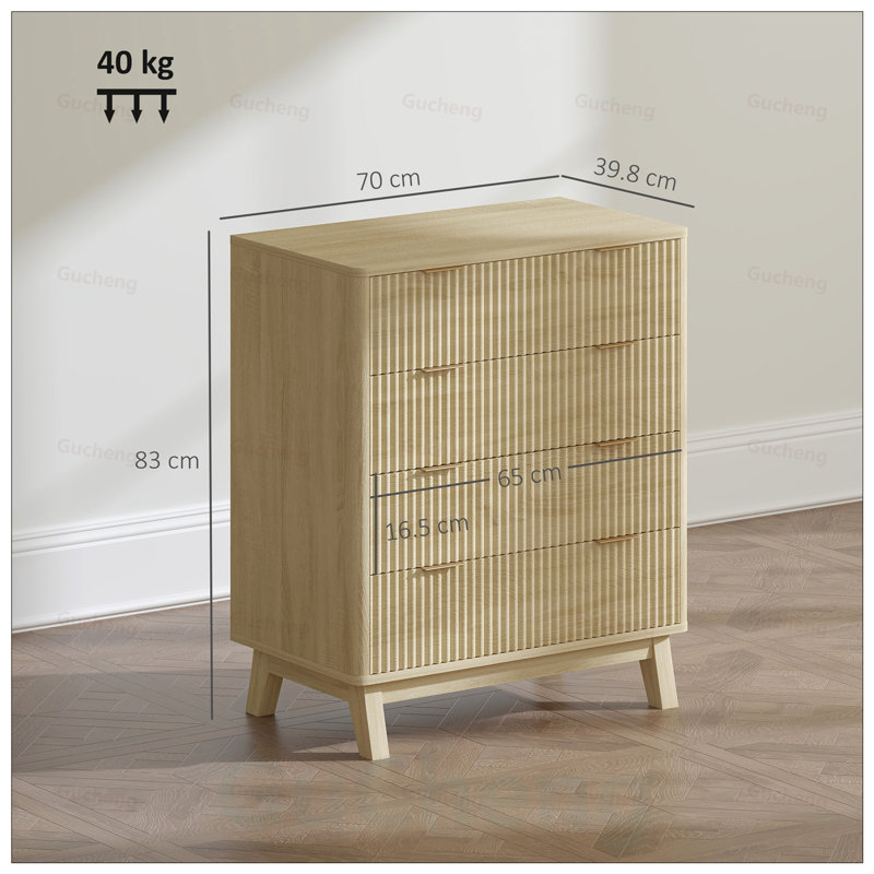 Commode cannelée à 4 tiroirs, poignées dorées et pieds en bois HOMcom