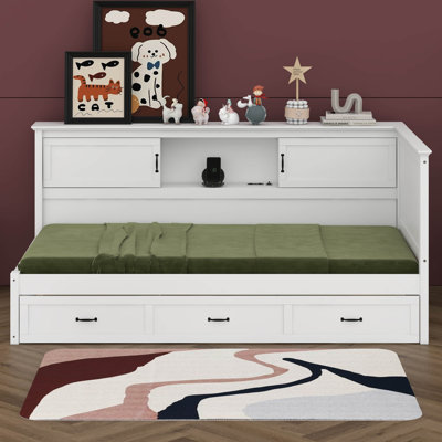 L-Shaped Bed Frame With Drawer And Bookcase, Corner Bed Wooden Captain Bed With Led Downlight And USB Port