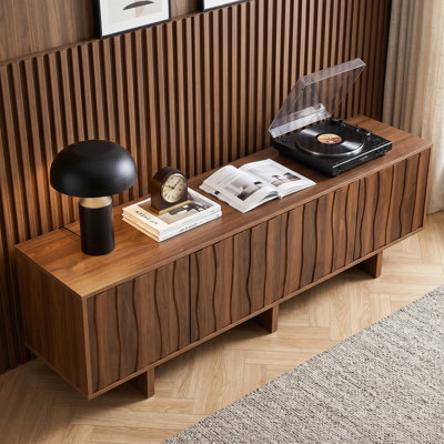 Eesha 69.6" Media Console with Push-to-Open Slatted Doors, Modern TV Stand with Hidden Storage, Walnut Finish