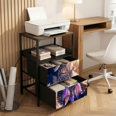 2 Drawers Nightstand with Charging Station, Bedroom Nightstand with USB Ports, Outlets Open Shelf Black, night stand with Dreamcatcher Purple Pink Feathers Sparkling Night Setting Print