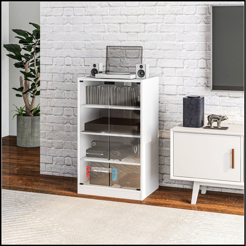 Armoire stéréo moderne à 4 niveaux avec tablettes réglables et gestion des câbles, parfaite pour organiser votre équipement audio-vidéo.