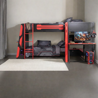 Lits jumeaux triples modernes avec rangement, mezzanine de jeu en MDF et bois en forme de L pour la maison